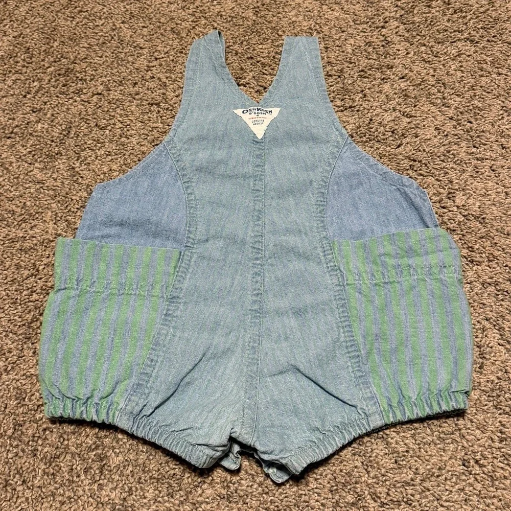 Vintage OshKosh B'gosh Romper 18M Blue Green Stripe Bubble Short USA Baby